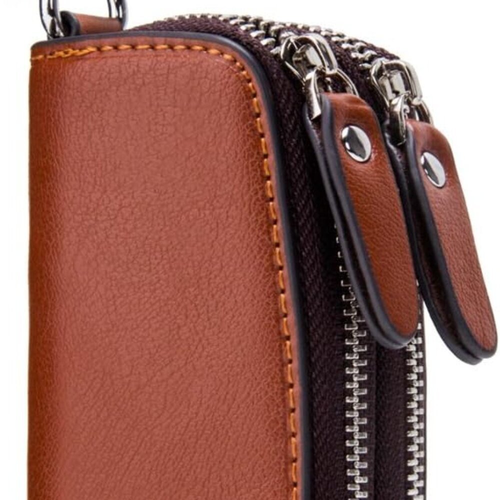 Leather Car Key Keychain Holder Metal Hook and Keyring Zipper